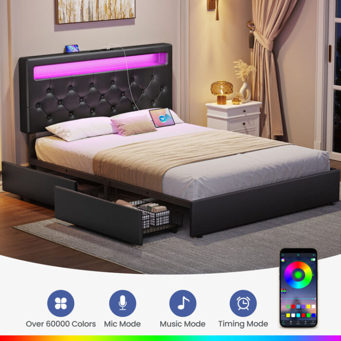 Bed Frame with Adjustable Headboard & 4 Drawers, Upholstered Bed with Power Outlets & RGB LED Lights - Chic Decora