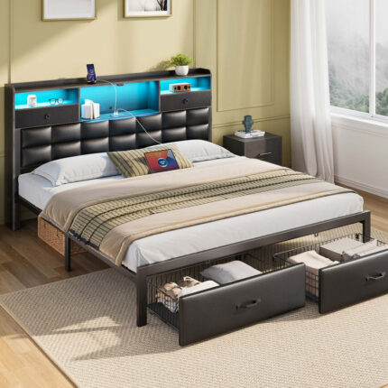 Bed Frame with Drawers and Headboard, Upholstered Storage Bed with Charging Station and LED Lights - Chic Decora