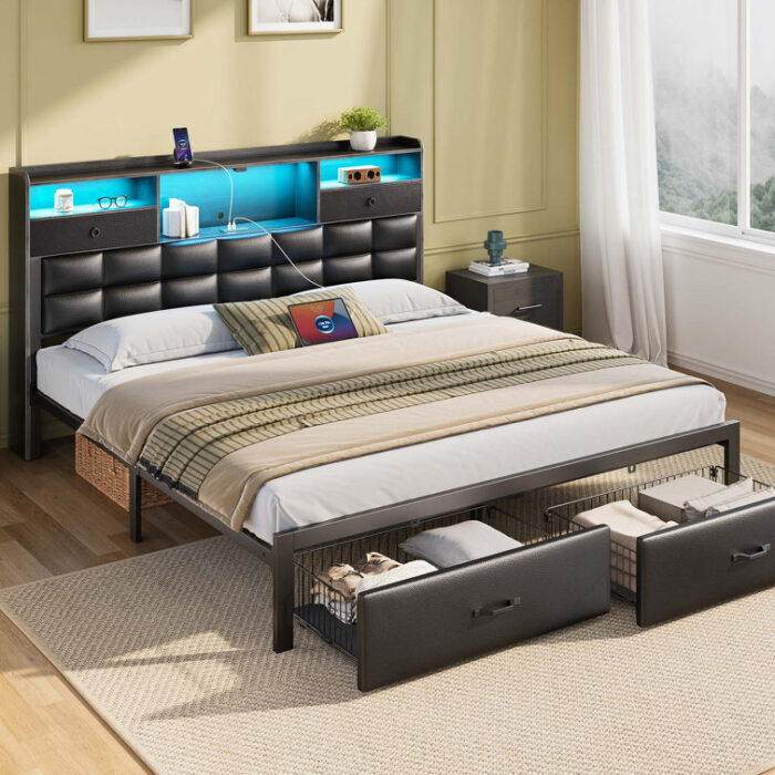 Bed Frame with Drawers and Headboard, Upholstered Storage Bed with Charging Station and LED Lights - Chic Decora