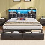 Bed Frame with Drawers and Headboard, Upholstered Storage Bed with Charging Station and LED Lights - Chic Decora