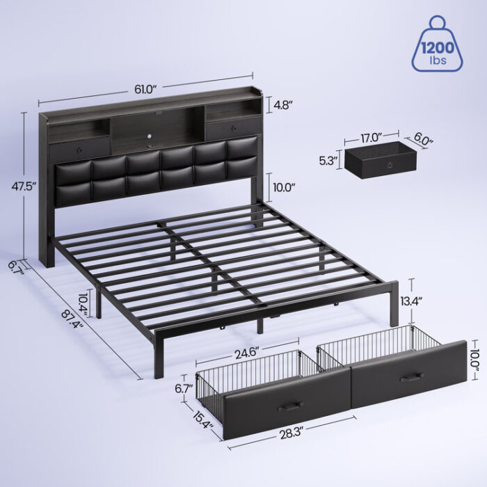 Bed Frame with Drawers and Headboard, Upholstered Storage Bed with Charging Station and LED Lights - Chic Decora