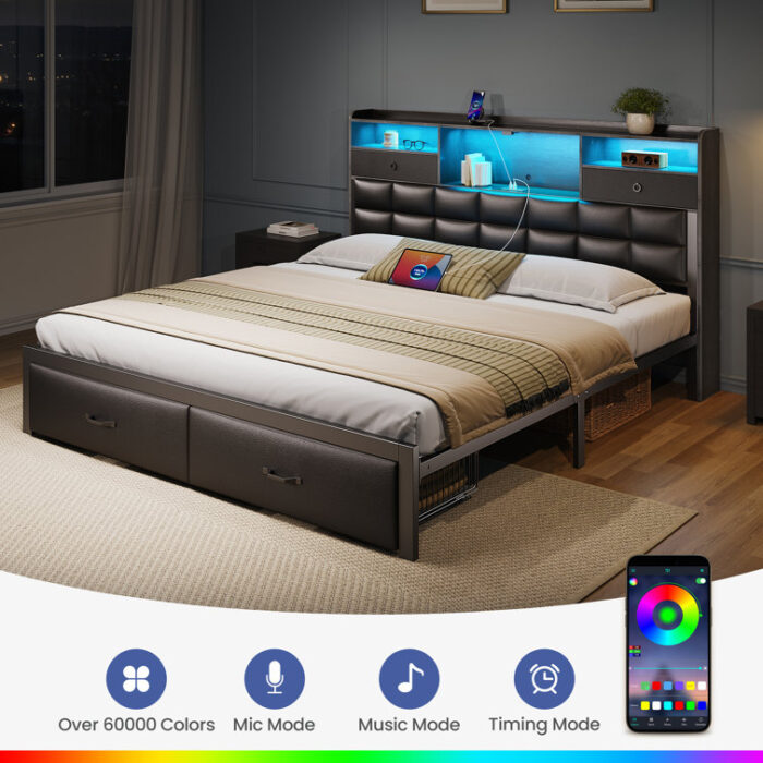 Bed Frame with Drawers and Headboard, Upholstered Storage Bed with Charging Station and LED Lights - Chic Decora