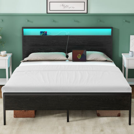 Bed Frame with Headboard, Metal Platform bed with LED Lights, Power Outlets & Under-Bed Storage - Chic Decora