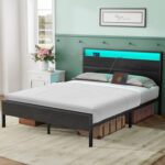 Bed Frame with Headboard, Metal Platform bed with LED Lights, Power Outlets & Under-Bed Storage - Chic Decora