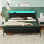 Bed Frame with Headboard, Metal Platform bed with LED Lights, Power Outlets & Under-Bed Storage - Chic Decora