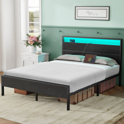 Bed Frame with Headboard, Metal Platform bed with LED Lights, Power Outlets & Under-Bed Storage - Chic Decora