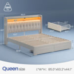 Bed Frame with RGB LED Lights, Upholstered Bed with Drawers and Charging Station - Chic Decora