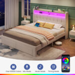 Bed Frame with RGB LED Lights, Upholstered Bed with Drawers and Charging Station - Chic Decora