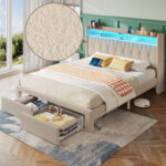 Bed Frame with RGB LED Lights, Upholstered Bed with Drawers and Charging Station - Chic Decora