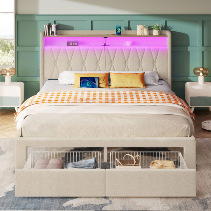 Bed Frame with RGB LED Lights, Upholstered Bed with Drawers and Charging Station - Chic Decora