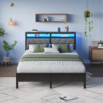 Bed Frame with Storage Headboard, Metal Platform Bed Frame with RGB Lights & Outlets - Chic Decora