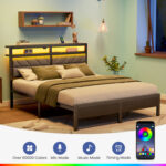 Bed Frame with Storage Headboard, Metal Platform Bed Frame with RGB Lights & Outlets - Chic Decora