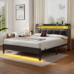 Bed with Bookcase Storage Headboard, Upholstered Bed with Power Outlets &RGB LED Lights - Chic Decora