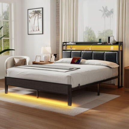 Bed with Bookcase Storage Headboard, Upholstered Bed with Power Outlets &RGB LED Lights - Chic Decora