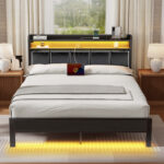 Bed with Bookcase Storage Headboard, Upholstered Bed with Power Outlets &RGB LED Lights - Chic Decora