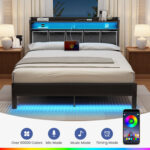 Bed with Bookcase Storage Headboard, Upholstered Bed with Power Outlets &RGB LED Lights - Chic Decora