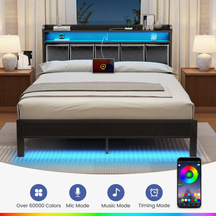 Bed with Bookcase Storage Headboard, Upholstered Bed with Power Outlets &RGB LED Lights - Chic Decora