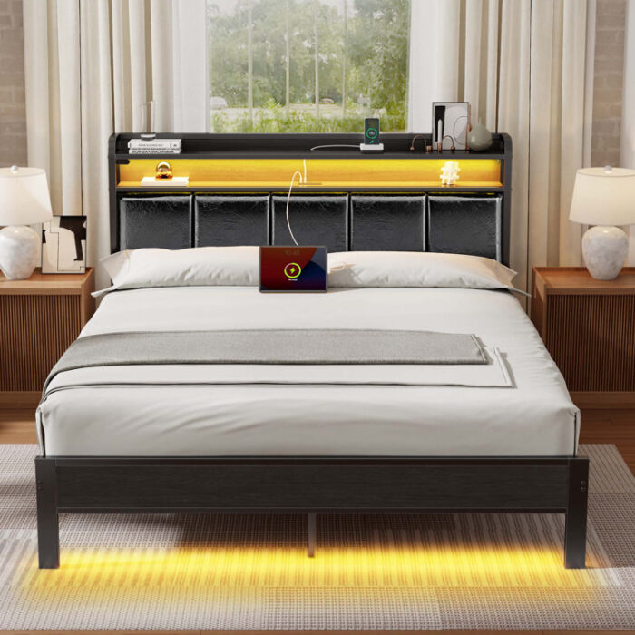 Bed with Bookcase Storage Headboard, Upholstered Bed with Power Outlets &RGB LED Lights - Chic Decora