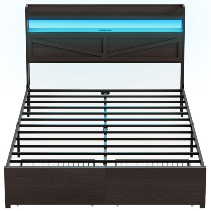 Bejo Metal Storage Bed Frame with LED Light and Charging Station - Chic Decora