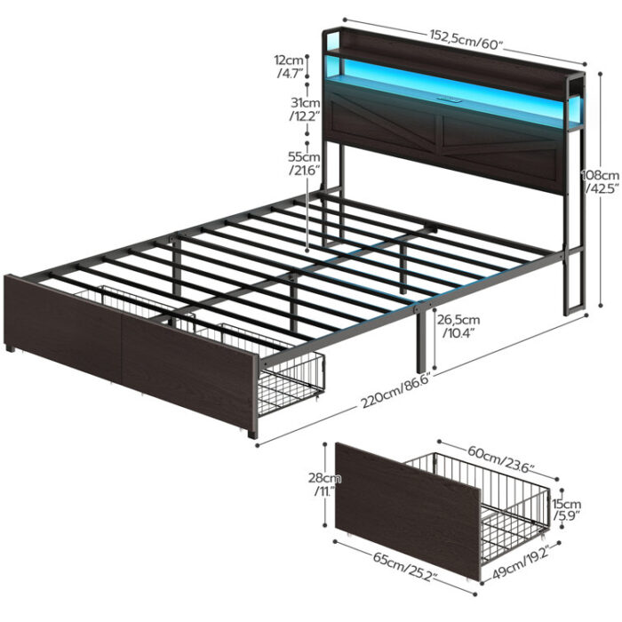 Bejo Metal Storage Bed Frame with LED Light and Charging Station - Chic Decora