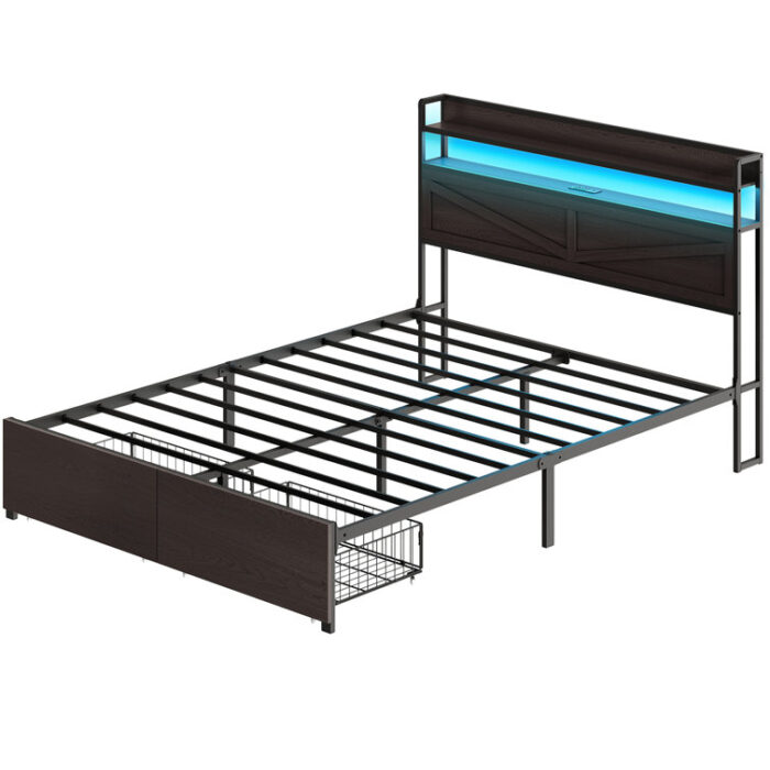 Bejo Metal Storage Bed Frame with LED Light and Charging Station - Chic Decora