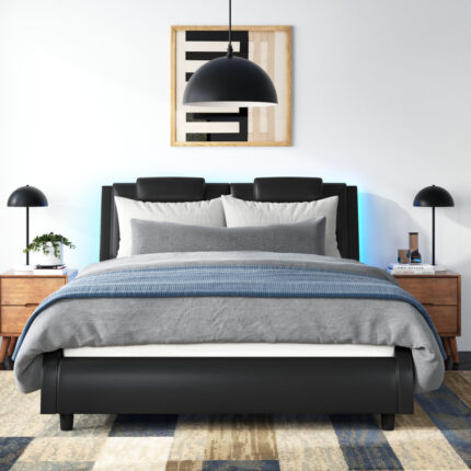 Belarmina PU Upholstered Low Profile Platform Bed with LED Light - Chic Decora