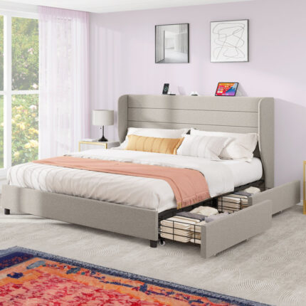 Belasquez Upholstered Metal Wingback Storage Bed - Chic Decora