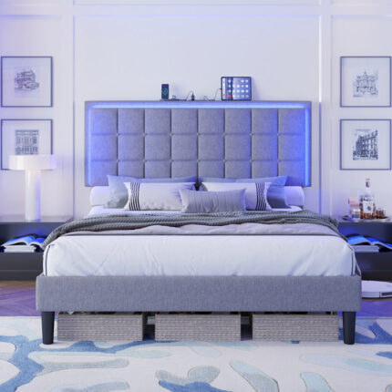 Berdean Button Tufted Platform Bed Frame with LED Lights - Chic Decora