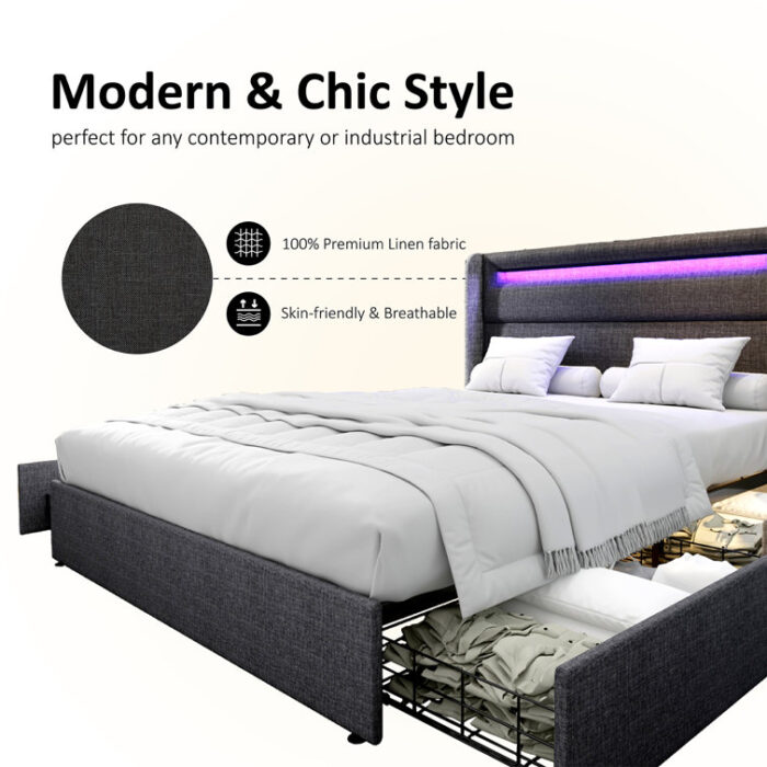 Berneil Upholstered Bed Frame with RGBW LED Lights Headboard & 4 Storage Drawers - Chic Decora