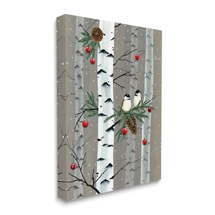 Birds and Holiday Ornaments Birch Tree Forest by Grace Popp – Graphic Art Print - Chic Decora