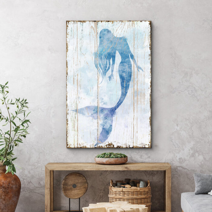 Blue Mermaid On Wood Effect Panel Nautical Coastal Beach Bathroom Decor Canvas Prints Wall Art - Chic Decora