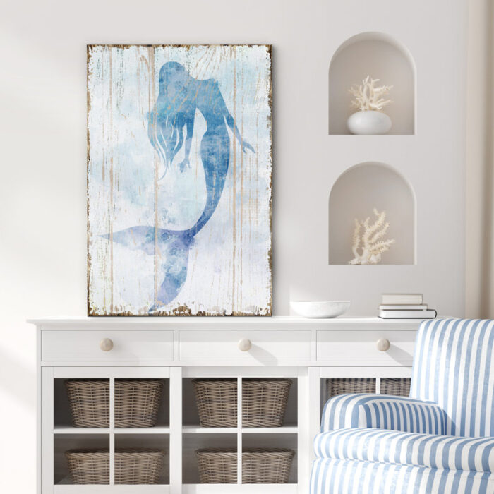 Blue Mermaid On Wood Effect Panel Nautical Coastal Beach Bathroom Decor Canvas Prints Wall Art - Chic Decora