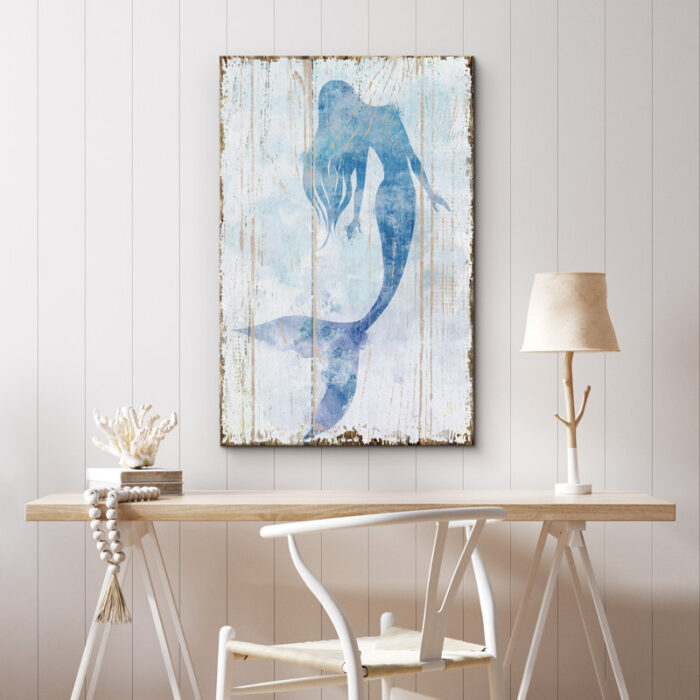 Blue Mermaid On Wood Effect Panel Nautical Coastal Beach Bathroom Decor Canvas Prints Wall Art - Chic Decora