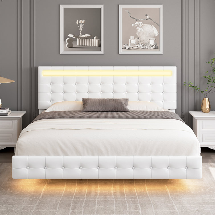 Upholstered Storage Bed with Adjustable Headboard, LED Lights and USB Power Strips - Chic Decora