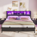 Bookcase Bed With Headboard,LED Light and Charging Station - Chic Decora