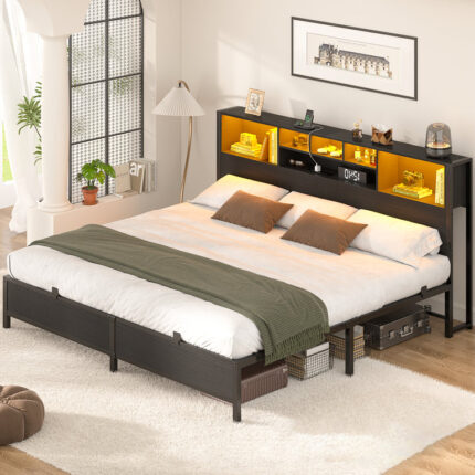 Bookcase Bed With Headboard,LED Light and Charging Station - Chic Decora