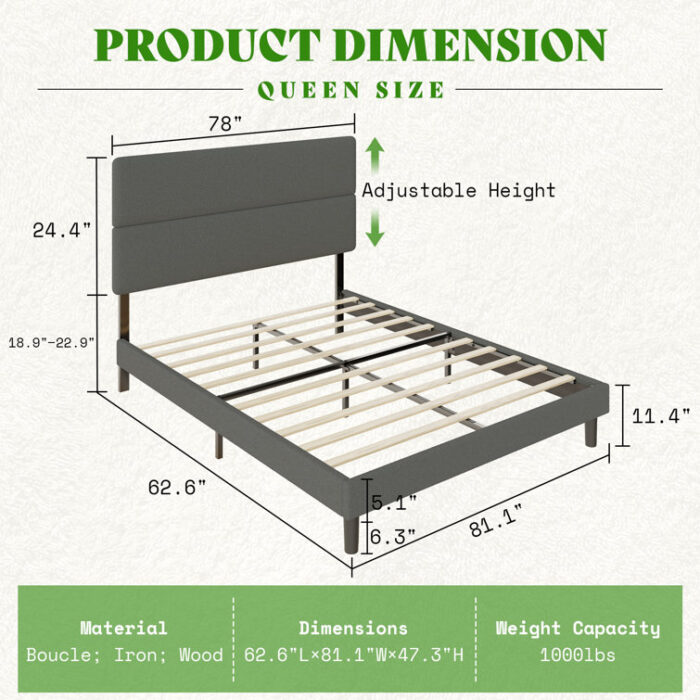 Boucle Upholstered Bed Frame With 50″ High Adjustable Headboard - Chic Decora