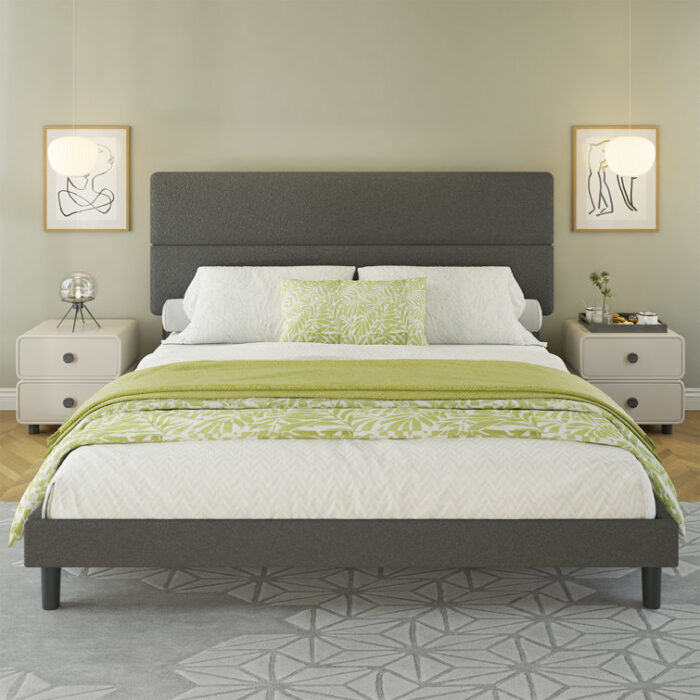 Boucle Upholstered Bed Frame With 50″ High Adjustable Headboard - Chic Decora