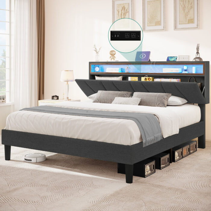 Branae Cushioned Flat Storage Bed with Storage Headboard and LED Lights, Cushioned Bed with Sockets and USB Ports - Chic Decora