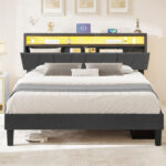 Branae Cushioned Flat Storage Bed with Storage Headboard and LED Lights, Cushioned Bed with Sockets and USB Ports - Chic Decora