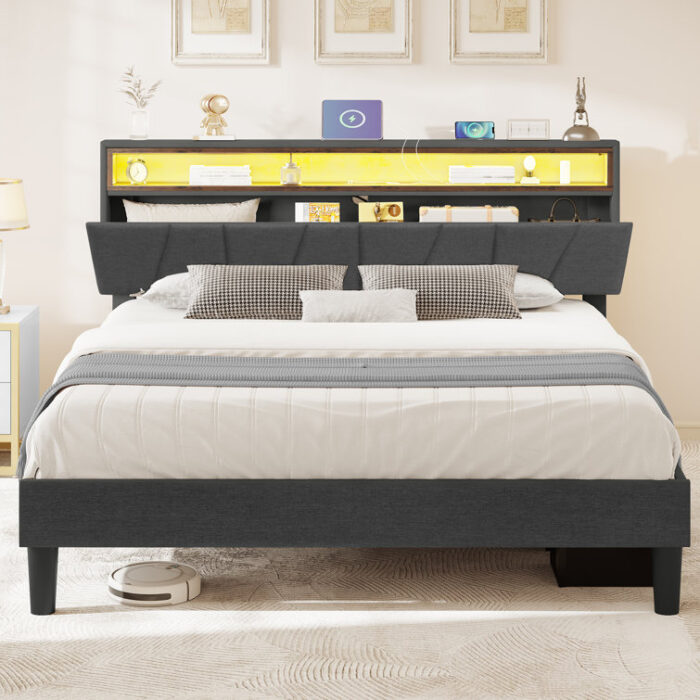 Branae Cushioned Flat Storage Bed with Storage Headboard and LED Lights, Cushioned Bed with Sockets and USB Ports - Chic Decora