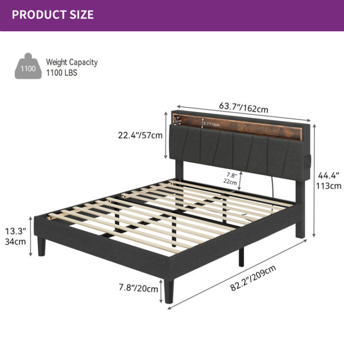 Branae Cushioned Flat Storage Bed with Storage Headboard and LED Lights, Cushioned Bed with Sockets and USB Ports - Chic Decora