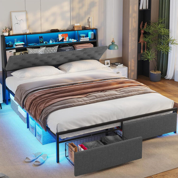 Braston Bed upholstered and metal platform bed frame - Chic Decora