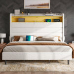 Briceson Bed Frame With Led Lights Charging Station Tall Headboard Upholstered Platform Bed Wingback - Chic Decora