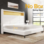 Briceson Bed Frame With Led Lights Charging Station Tall Headboard Upholstered Platform Bed Wingback - Chic Decora