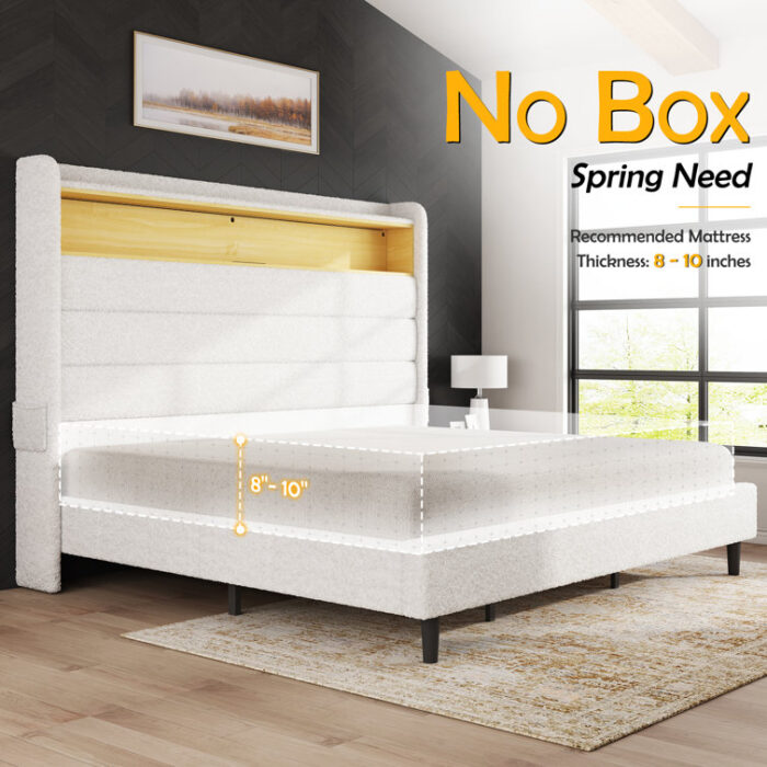 Briceson Bed Frame With Led Lights Charging Station Tall Headboard Upholstered Platform Bed Wingback - Chic Decora