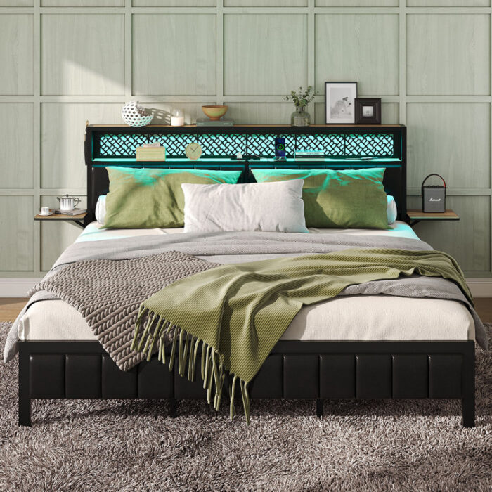 Brisna Platform Bed Frame with LED Upholstered Storage Headboard Charge Station and Foldable Bedside Shelves - Chic Decora