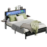 Brisna Platform Bed Frame with LED Upholstered Storage Headboard Charge Station and Foldable Bedside Shelves - Chic Decora