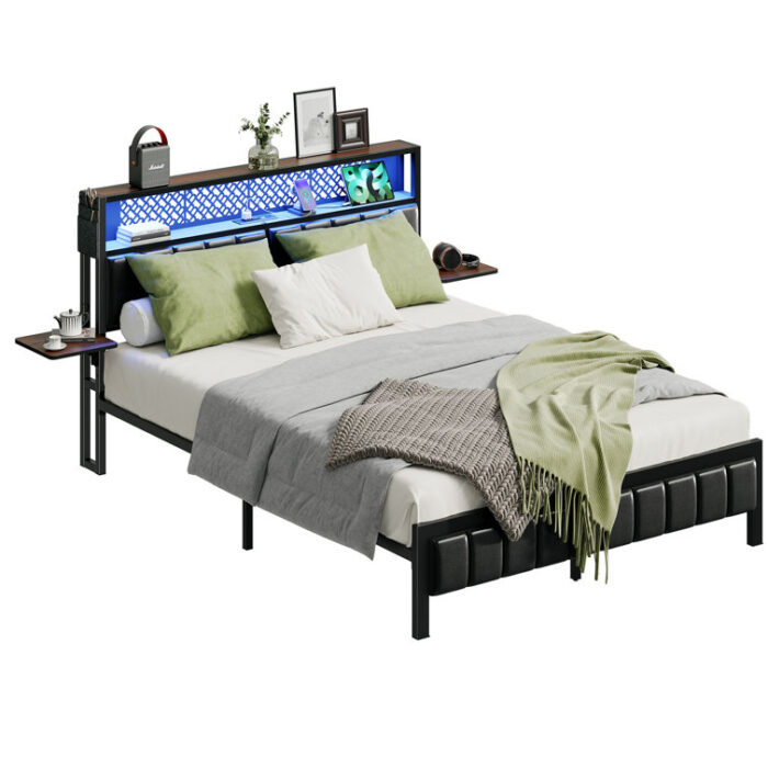 Brisna Platform Bed Frame with LED Upholstered Storage Headboard Charge Station and Foldable Bedside Shelves - Chic Decora