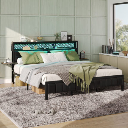 Brisna Platform Bed Frame with LED Upholstered Storage Headboard Charge Station and Foldable Bedside Shelves - Chic Decora